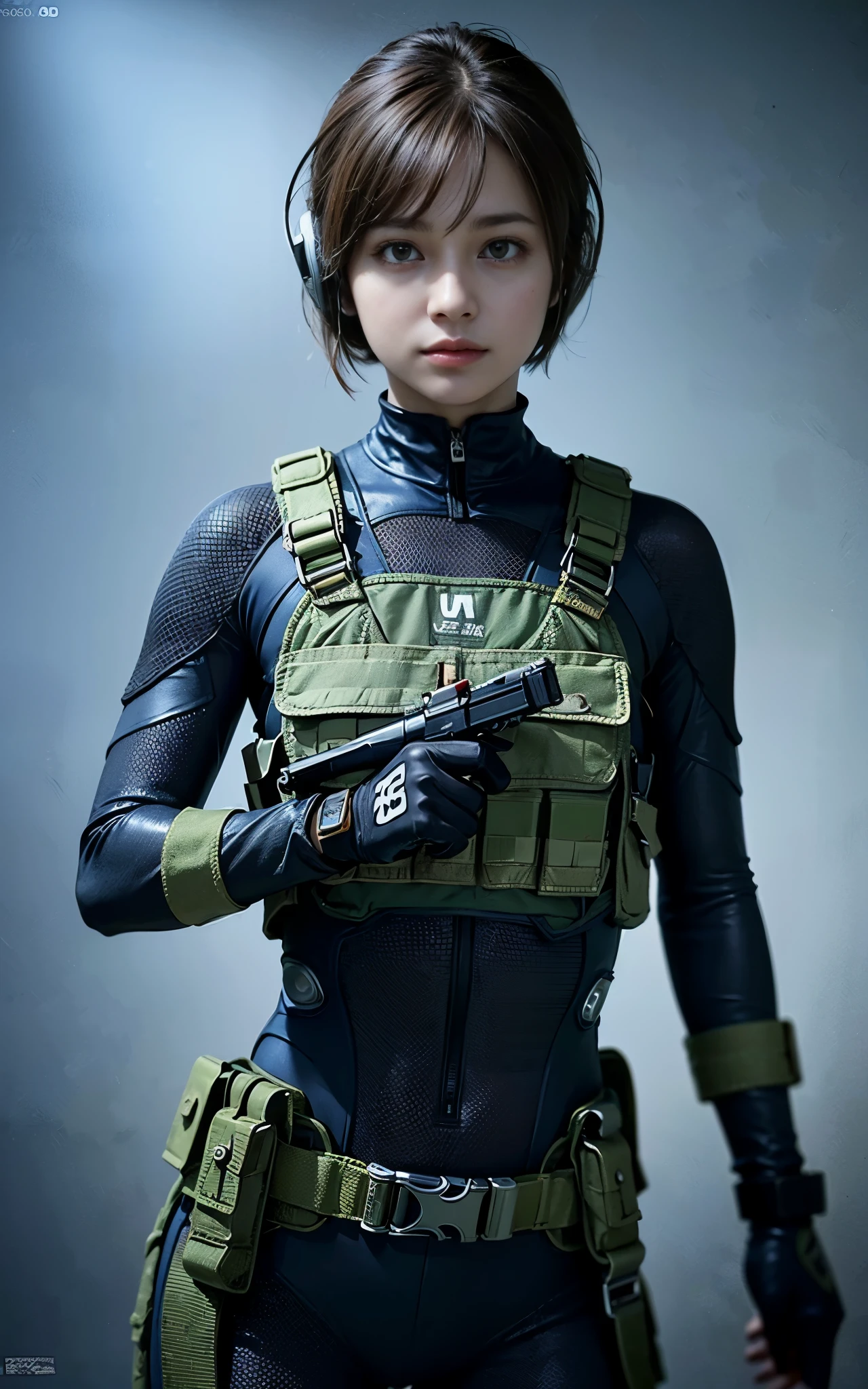 ((Best Quality, 8K, Masterpiece: 1.3)), ((best quality)), photorealistic, photorealism, Photorealistic, high resolution, 1girl aiming with an  assault rifle, Combat pose, looking at the camera, (Detailed face), short hair, (wearing red rubber suit, tactical vests, military harness, black gloves, high-tech headset), cloths color based on black dark blue), revealed thigh, Gun, Fingers are occluded, concrete wall background,