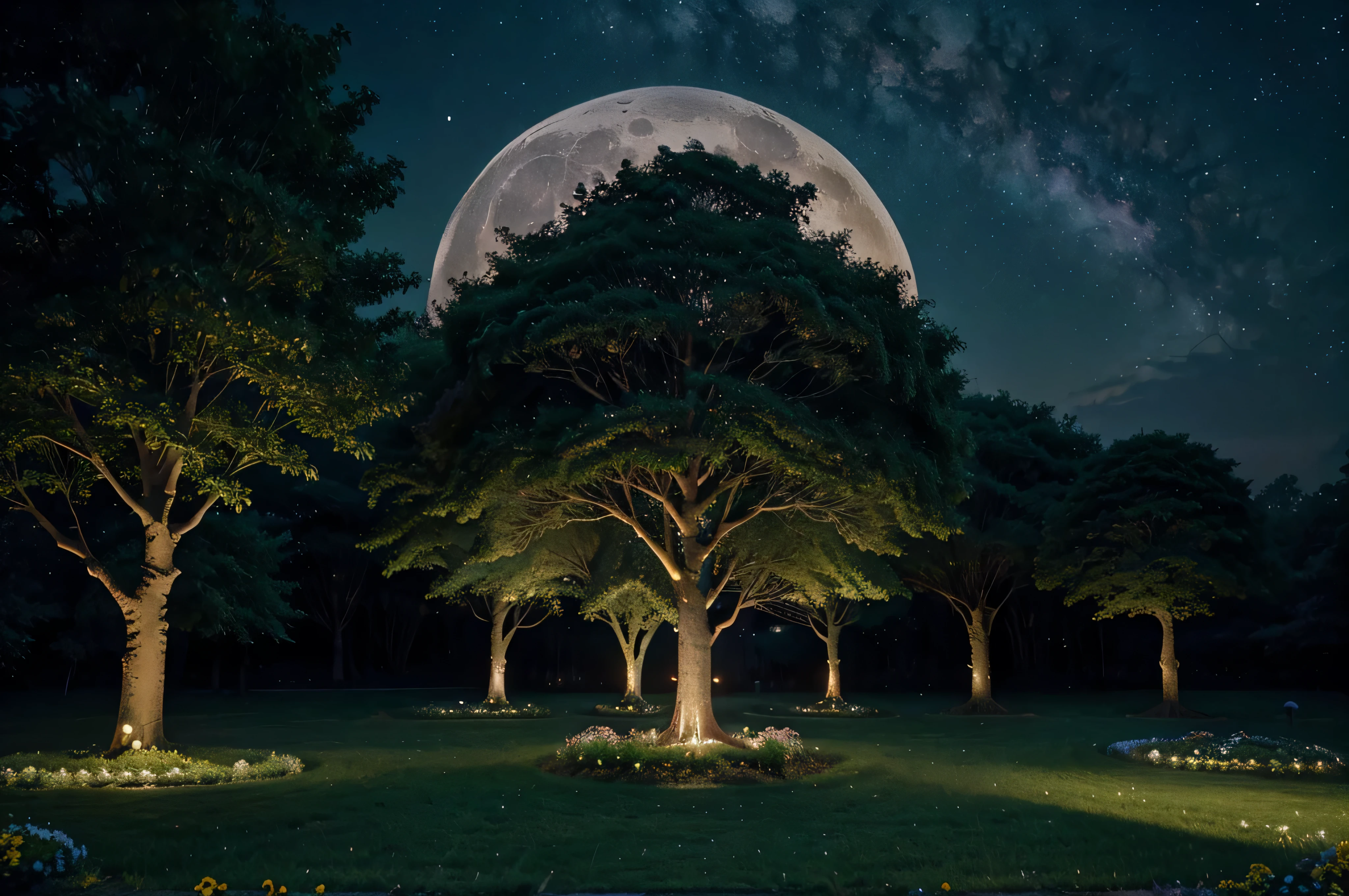 Capture the serendipitous moment: A solitary moonA lTitle: "Moonlit Garden of Cosmic Harmony" Transport yourself to a serene realm where the moon reigns supreme amidst a galaxy of swirling stardust. In this enchanting scene, a plethora of vibrant flowers, ranging from rich green black to warm yellows and fiery reds, adorn the lush forest floor and reach up towards the heavens. These flowers, each unique in their own right, create a kaleidoscope of color that captivates the eyeThe moon, a beaconoftranquility, bathes the landscape in its ethereal glow, casting delicate shadows among the foliage. Its luminous light dances upon the petals of the flowers and the leaves of the trees, illuminating the intricate details of each element with breathtaking clarity. Surrounding the moon, the Milky Way stretches across the night sky like a celestial tapestry, adding depth and mystery to the scene. Dark silhouettes of towering trees frame the composition, their branches reaching in the sea water