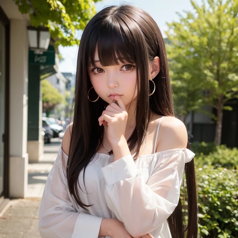 1girl, bangs, black eyes, blunt bangs, brown hair, building, closed mouth, earrings, jewelry, long hair, looking at viewer, off shoulder, outdoors, plant, shirt, solo, upper body, white shirt