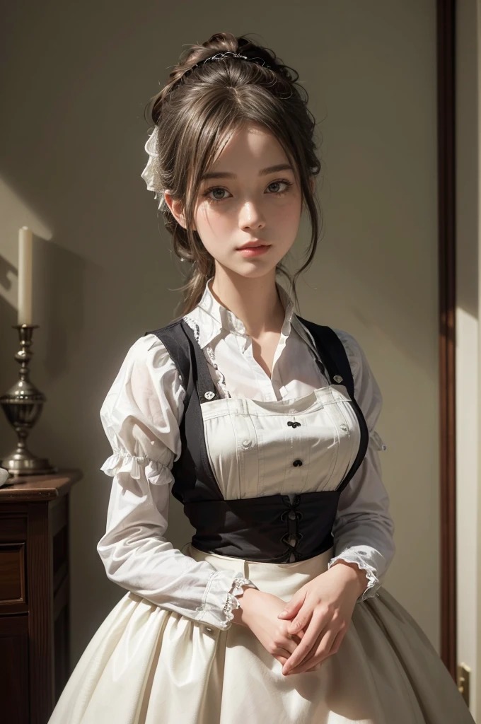 (8K, RAW photo, Best quality, masutepiece:1.2), high-definition RAW color photography, professional photoshooting, cow boy shot, (Realistic, photographrealistic:1.37), ((Best quality)), 25 year old woman, Cinematic light, (finerly detailed face:1.2), (masutepiece:1.5), (Best quality:1.2), (dark mole:0.5), (Smiling:0.9), (view the viewer:1.2), Skirt lift, Crumpled white panties, neck bowtie, (Meticulous maid:1.2)
