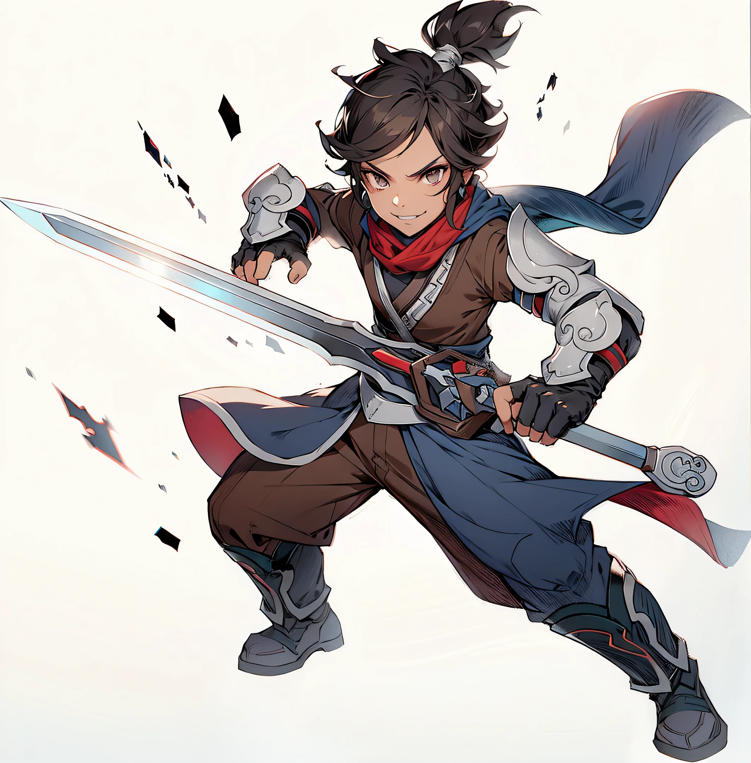 Dark hair, dark eyes, (red and white combined top, wrapped in a brown scarf), dark blue pants, silver wristbands, holding a silver sword, solo, ultra-high resolution, best quality, realistic. Character design with a simple white background

