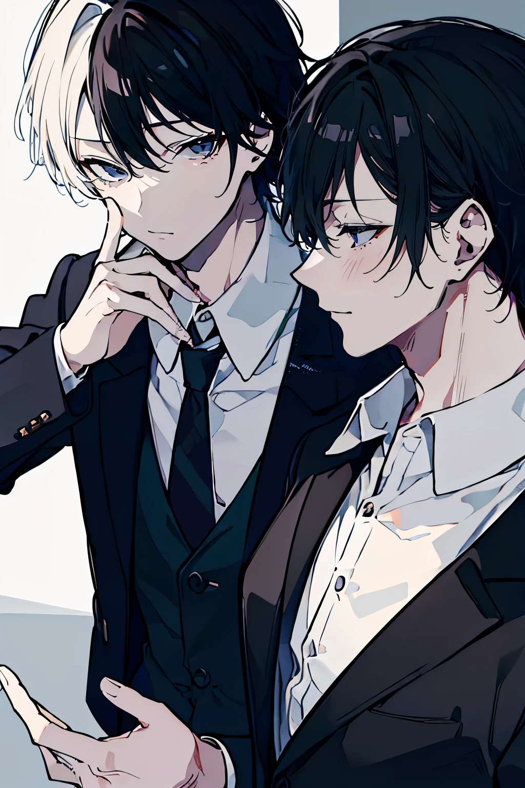 (muste piece), (best quality), very detailed, ((Two friendly men)), perfect face, beautiful face, very detailed顔，(black haired man:1.3)，(white haired man:1.3)，suit，shirt
