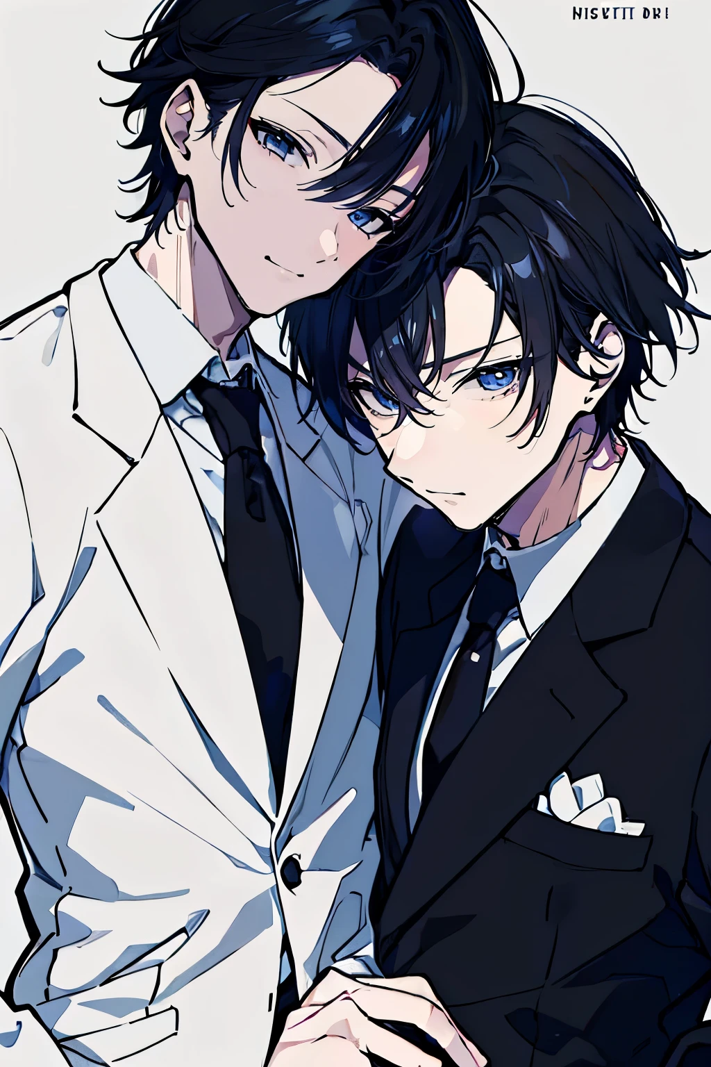 (muste piece), (best quality), very detailed, ((Two friendly men)), perfect face, beautiful face, very detailed顔，(black haired man:1.3)，(white haired man:1.3)，suit，shirt