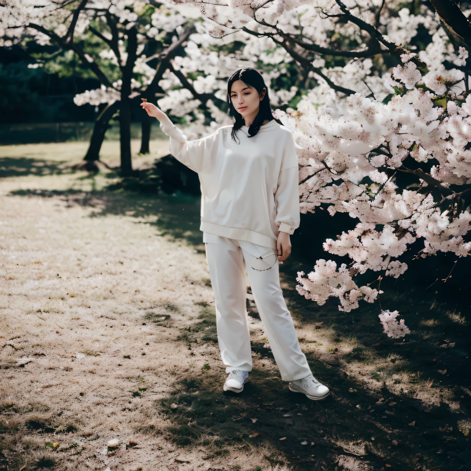 masterpiece, best quality, night, mountain, full moon, long black hair, woman, firefly, stars, mysterious cherry blossom tree, pink leaves, high quality, beautiful graphics, high detail