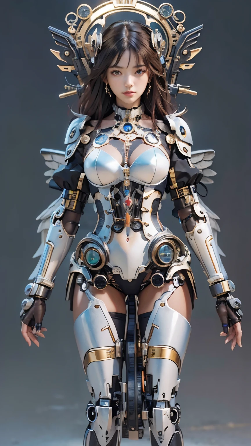 top-quality、masterpiece、超A high resolution、(Photorealsitic:1.4)、Raw photo、女の子1人、Black hair、glowy skin、1 Machine Devil、large metal wings、Metal Corner、((super realistic details))、portlate、globalillumination、Shadow、octan render、8K、ultrasharp、Colossal tits、Raw skin is exposed in cleavage、metals、Details of complex ornaments、Steampunk details、vacuum tubes、Nixie Kan、Oil pressure gauge、Glass Kan、Analog Meter、gear wheel、gear、Hydraulic cylinder、highly intricate detail、Realistic light、Red Eyes、radiant eyes、Facing the camera、neon details、Mechanical limbs、blood vessels connected to tubes、Mechanical vertebrae attached to the back、mechanical cervical attaching to neck、sitting on、Wires and cables connecting to the head、Small LED lamp、Sumerian details、
