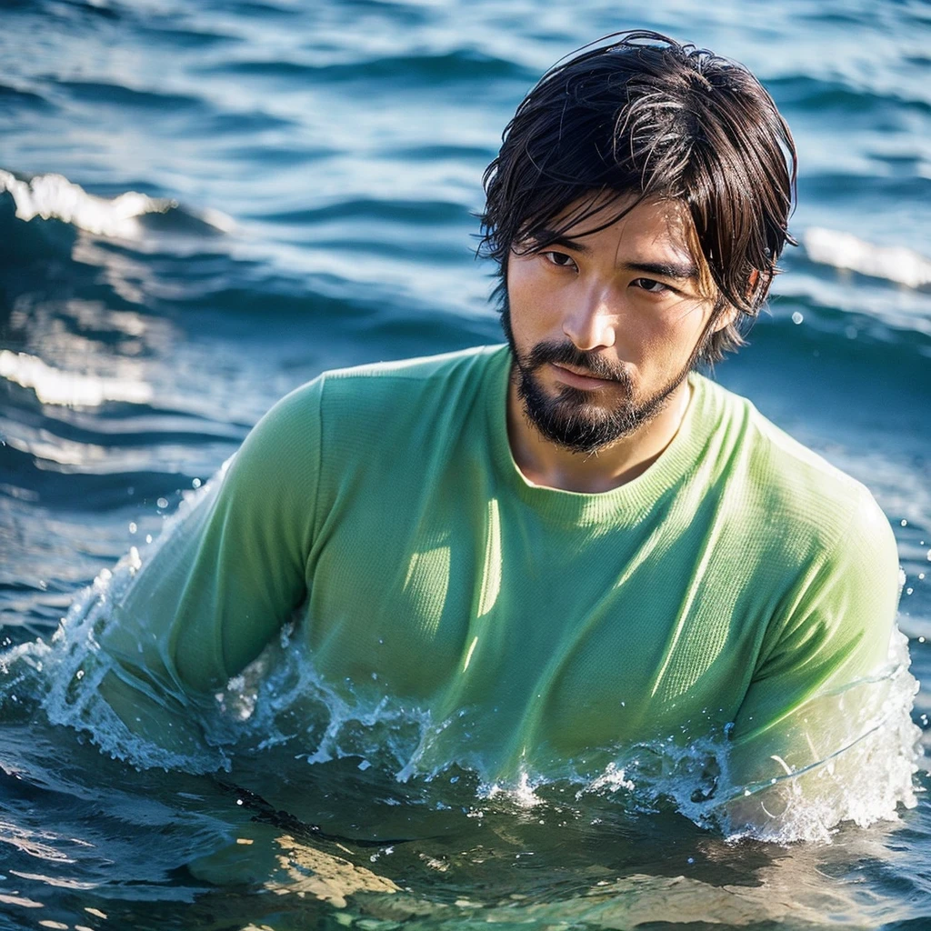 A kind-looking Japanese person、He looks rugged and like he's playing in the sea.。