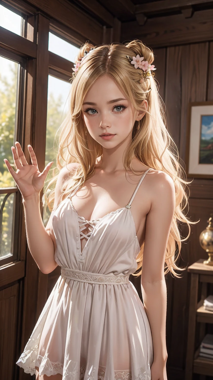 highest quality,very detailed,masterpiece,Super detailed,figure,blonde hair ,hair ornaments,stand,indoor,Unbelievably_disorganized,1 girl,Medium chest,blush your nose ,realistic,long hair,summer_dress,garter strap,beautiful girl,sv98 waving