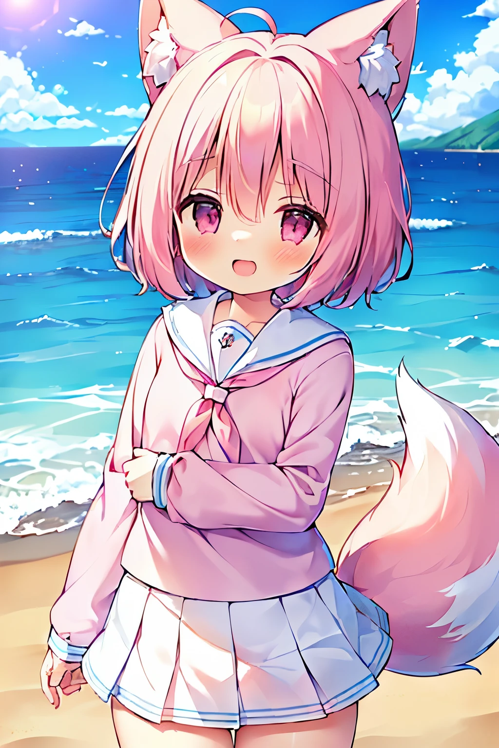 (((masterpiece))), (((最high quality))), (((high quality))), (((beautiful))), (((8K))), (((High resolution)) (((超High resolution))), (((High resolution))), (pink short hair:1.3), (Pink fox tail:1.4), (Pink fox tail:1.2), Pink fox ears with white tips, (pink eyes), small breasts, (cowboy shot:1.3), (laughter:1.3), (Blue sea and white clouds), (beach), (Long-sleeved white sailor suit fluttering in the wind:1.3), (White pleated skirt fluttering in the wind:1.3)