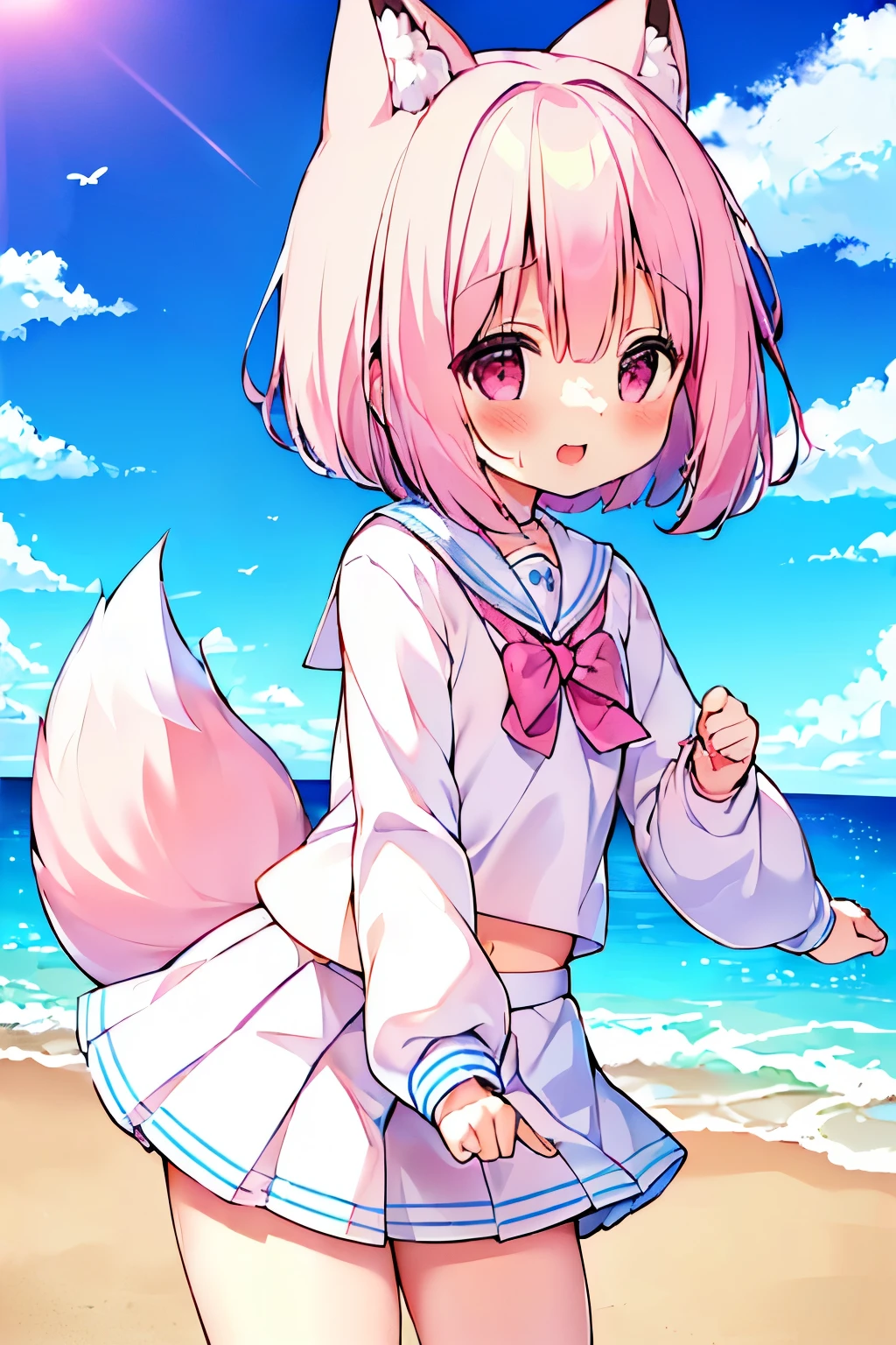 (((masterpiece))), (((最high quality))), (((high quality))), (((beautiful))), (((8K))), (((High resolution)) (((超High resolution))), (((High resolution))), (pink short hair:1.3), (Pink fox tail:1.4), (Pink fox tail:1.2), Pink fox ears with white tips, (pink eyes), small breasts, (cowboy shot:1.3), (laughter:1.3), (Blue sea and white clouds), (beach), (Long-sleeved white sailor suit fluttering in the wind:1.3), (White pleated skirt fluttering in the wind:1.3)