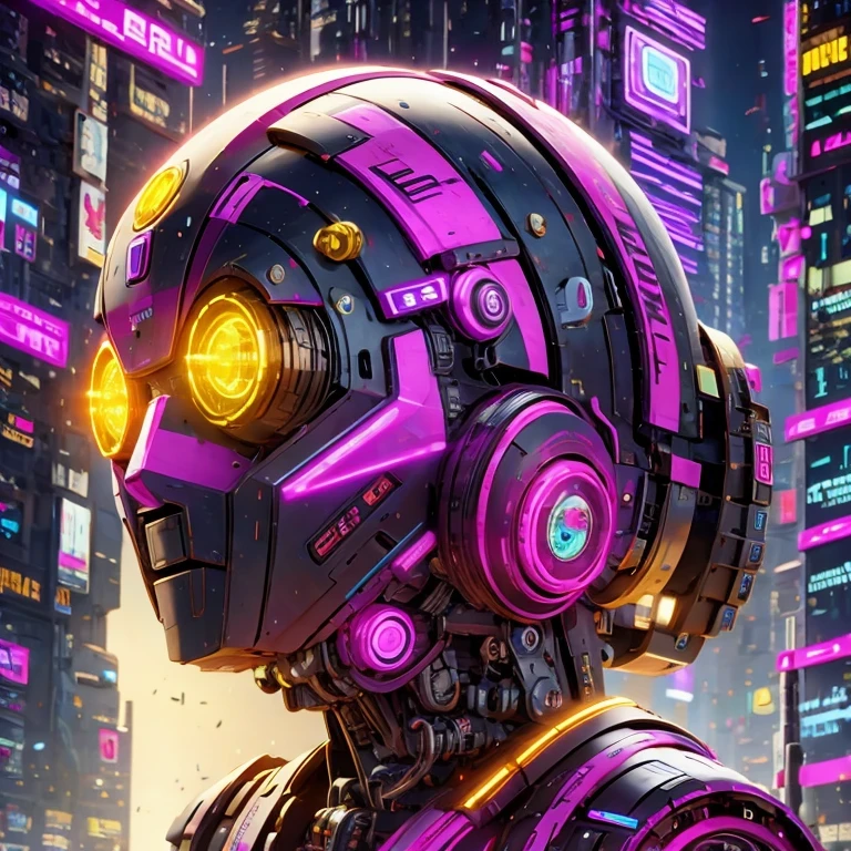 a close up of a robot with a glowing head and a purple background, cyber mech, in style of beeple, cyberpunk pikachu, style hybrid mix of beeple, 3 d render beeple, cute elaborate epic robot, beeple masterpiece, cyberpunk art style, yellow mech, beeple!!, cyber steampunk 8 k 3 d