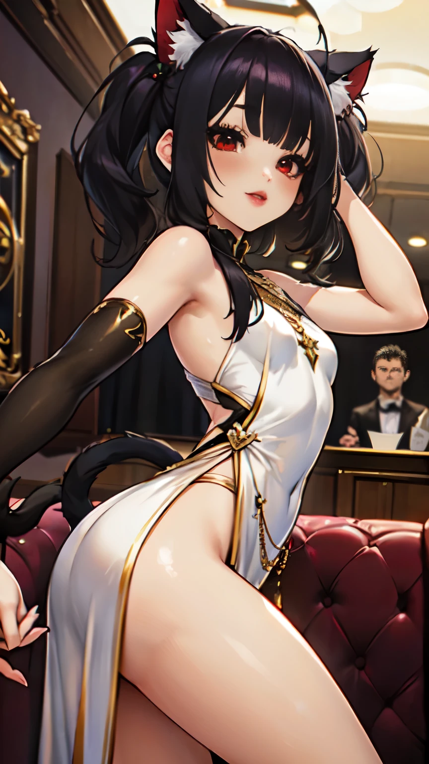 obra maestra, high resolution, hermoso arte, artista profesional, 8K, art style by sciamano240, cara muy detallada, cabello muy detallado, 1 chica, cuerpo perfectamente dibujado, hermoso rostro, pelo largo, ,((long hair slightly wavy slightly past the shoulders, black bangs, small black pigtails on the sides, cute cat ears, beautiful thin red eyes,)), , ojos de gato verticales rojos muy detallados, labios sensuales , mejillas rosadas, detalles intrincados en los ojos, primer plano extremo de la cara, ver solo cabeza y cuello, mirando directamente al espectador, luciendo un elegante vestido de novia, Jeweler's, orejas de gato bajo velo, guantes de codo blancos, algunas pecas, anillo de bodas, gran sonrisa, happy expression, escenario de boda nocturna, pov dancing for joy with viewer in reception hall,