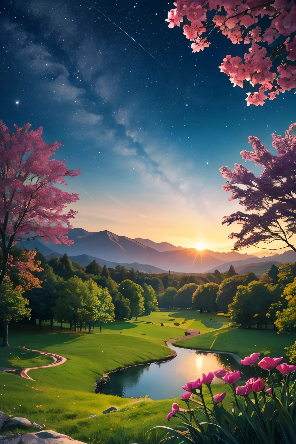 Imagine a stunning anime-inspired world set in a vast, lush valley nestled among towering mountains reminiscent of the Alps. The scene unfolds during twilight, with the sky ablaze in a palette of soft pastel colors - hues of pink, orange, and lavender blending into deepening blues.
The valley itself is a paradise of vibrant greenery, dotted with exotic wildflowers in full bloom, each petal and leaf rendered in exquisite detail. As the setting sun bathes the landscape in golden light, the air comes alive with the delicate fluttering of butterflies.
These butterflies are no ordinary insects; their wings shimmer like opalescent gemstones, reflecting the fading sunlight with a mesmerizing sparkle. They dance gracefully among the flowers, adding a magical and enchanting ambiance to the scene.
As twilight descends and the sky darkens, the valley transforms into a realm of mystery and wonder. Tiny fireflies begin to emerge, their soft, luminous glows casting a gentle illumination over the meadow. The fireflies drift through the air like living lanterns, creating a captivating spectacle in this anime-inspired world.
In the background, a tranquil river reflects the shifting colors of the sky and the flickering lights of the fireflies, enhancing the dreamlike atmosphere of the scene.
This anime landscape is a visual feast, inviting viewers to step into a fantastical realm where nature's beauty is heightened by magical creatures and ethereal lighting. It's a scene that captures the imagination and evokes a sense of wonder, blending the charm of anime aesthetics with the enchantment of a mystical twilight setting."