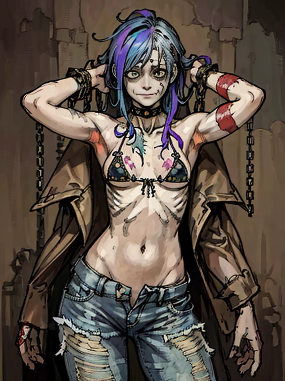 ,highest quality, High resolution,(The background is made up of a lot of chains and ruins.、cemetery、skeleton),Cute zombie girl、Splattering blood、amusement park、small eyes、(flat chest), Odd colored hair, realistic, masterpiece, super detailed, realistic, beautiful、A lot of chains wrapped around his body、((A body full of stitches)),((A patchwork body))、Tattered denim pants、bikini、colorful