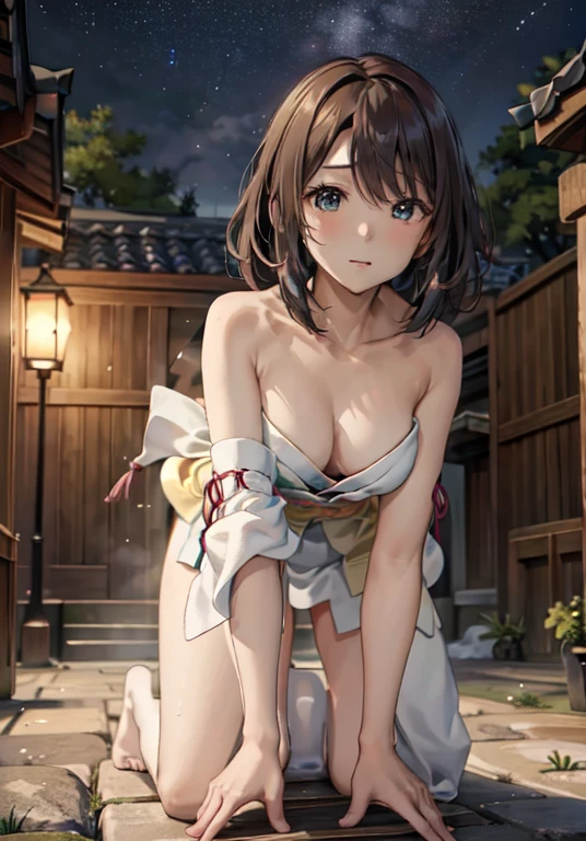 master piece,best quality,ultra detailed,8k,
ambient light,realistic skin,glossy skin,
(YunaFF10)、(naked towel)、(all fours:1.3)、((looking up:1.2))、big breasts、blush、embarrassing、happy、
fantastic starry sky、aurora、An open-air bath with a view of the horizon、Japanese inn