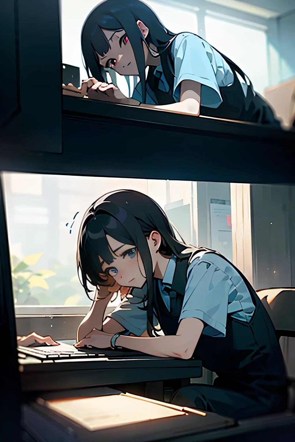 An office scene of tranquil serenity, filled with a handful of individuals engrossed in their tasks, the majority in deep collaboration with advanced AI systems. Soft hums of keyboards and the occasional printing sound provide the rhythm of this quiet space. People wear professional attire, heads bent down, focused on their screens, and every now and then, they exchange heated debates, hands gesturing passionately while their eyes lock onto the pixelated screens. The AI, in turn, analyzes data and projects solutions onto their monitors, the information flowing like a seamless stream, guiding the human minds in efficient problem-solving. The air is thick with the fragrance of freshly brewed coffee and the