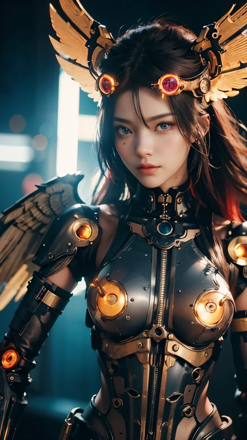 (highest quality:1.2, masterpiece)、Ultra-high resolution、Extremely surrealist, (Photorealistic:1.4)、RAW Photos、(Battle Cyborg), (Fall Angel)、Large metal wings、Black porcelain body、Redhead、Glowing Skin、1 Cyborg Girl、(Machine frame:1.3)Japanese, exremely cute face, ((Ultra-Realistic Details))、Portraiture、Global Illumination、Shadow、Octane Rendering、8k、Super sharp、Character edge light、Intricate decorative details、Acrylic clear cover、More about Sumer、Hydraulic cylinder、Small LED Lamp、Very intricate details、Realistic Light、Purple eyes、Shining Eyes、To the camera、Neon Details、Full body photo、
