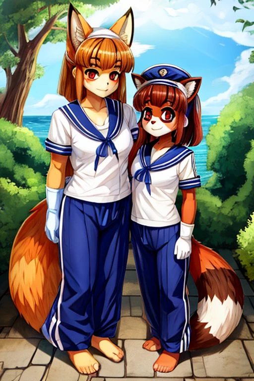 2 females, fox and raccoon, Furry, beastman, animal hair, tail, sailor suit, short sleeve, Jersey pants, long pants, gloves, barefoot