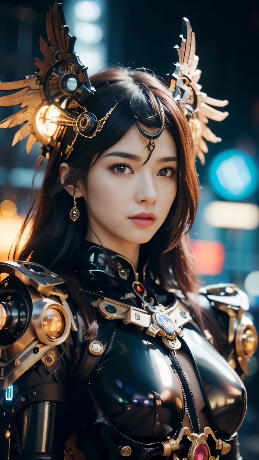 (masterpiece, best quality:1.2), (8k uhd, 16k, 32k, ultra high res), (photorealistic:1.37), (RAW photo), ultimate-realistic, ultimate-realistic details, ultimate-realistic texture, ultimate-intricate details, ultimate-realistic lighting, ultimate-realistic shadow, japanese girl, ultimate-cute face, ultimate-RAW skin, ultimate-realistic eyes,、(Steampunk Battle Cyborg fallen angel)、large wings made of metal、black porcelain body、red  hair、glowy skin、1 Cyborg girl、(mechanical frame:1.3)japanese, extremely cute face,  ((super realistic details))、portrait、globalillumination、Shadow、octan render、8K、ultrasharp、character edge light、Details of complex ornaments、Acrylic Clear Cover、Sumerian details、Hydraulic cylinder、Small LED lamp、highly intricate detail、Realistic light、a purple eye、radiant eyes、Facing the camera、neon details、cowboy  shot、Futuristic headgear、About Cyberpunk
