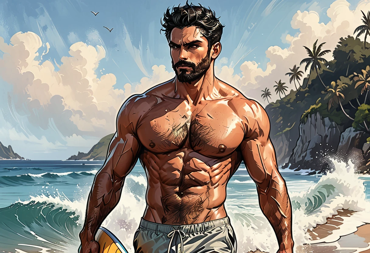 a male surfer walking with a surfboard holding it in his hands comes out of the water, behind the ocean waves are higher than his head, on a tropical island in the middle of the ocean, Man, Adult, Italian, Mesomorph fitness body, perfect realistic Olive skin, short Muscular neck, Rectangle faces, broad Muscular shoulders, Muscular fitness arms, Attached  Cupped Symmetrical Ears, Low Forehead, black short combed back hair, Fleshy nose, Bold Tapered black Eyebrows, High Angular Symmetrical Prominent Cheekbones, Heart-Shaped Cheeks, triangular Chin, Angular jawline, brown Upturned eyes, Thin nude Lips, Designer Stubble black whiskers, triangular black hair beard, Muscular fitness breast,  Athletic thighs, Muscular fitness legs, six-pack abs, graphic style of novel comics, perfect hands, 2d,
8k, hyperrealism, masterpiece, high resolution, best quality, ultra-detailed, super realistic, Hyperrealistic art, high-quality, ultra high res, highest detailed, lot of details, Extremely high-resolution details, incredibly lifelike, colourful, soft cinematic light,