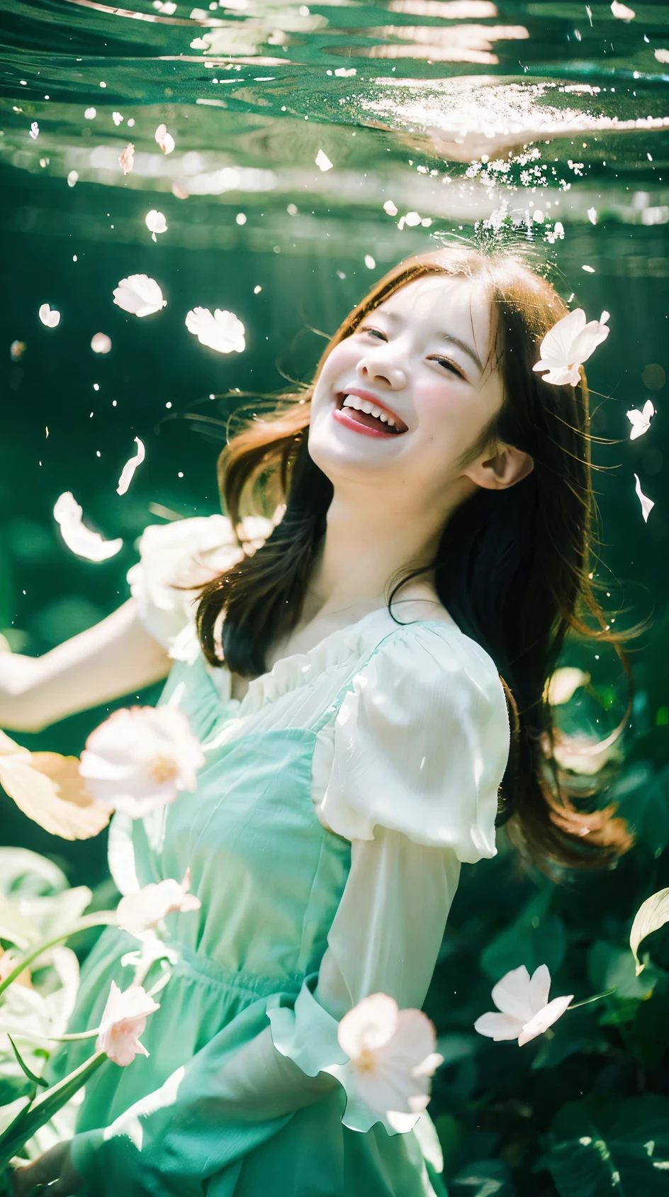 Beautiful and delicate portrait of playful cute girl laughing, (of the highest quality, masterpiece, Ultra-realistic) And petals floating in the Emerald Green Sea