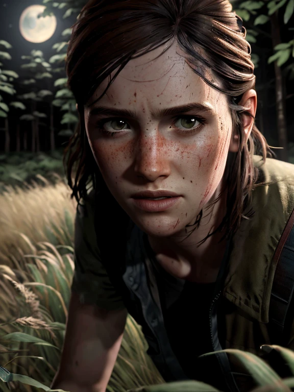 Ellie, tlou2, sneaking through high grass, forest, ((at night, moonlight)), (8k, RAW photo, best quality, masterpiece:1.2),ultra-detailed, (high detailed skin:1.2), 8k uhd, dslr, soft lighting, high quality, 