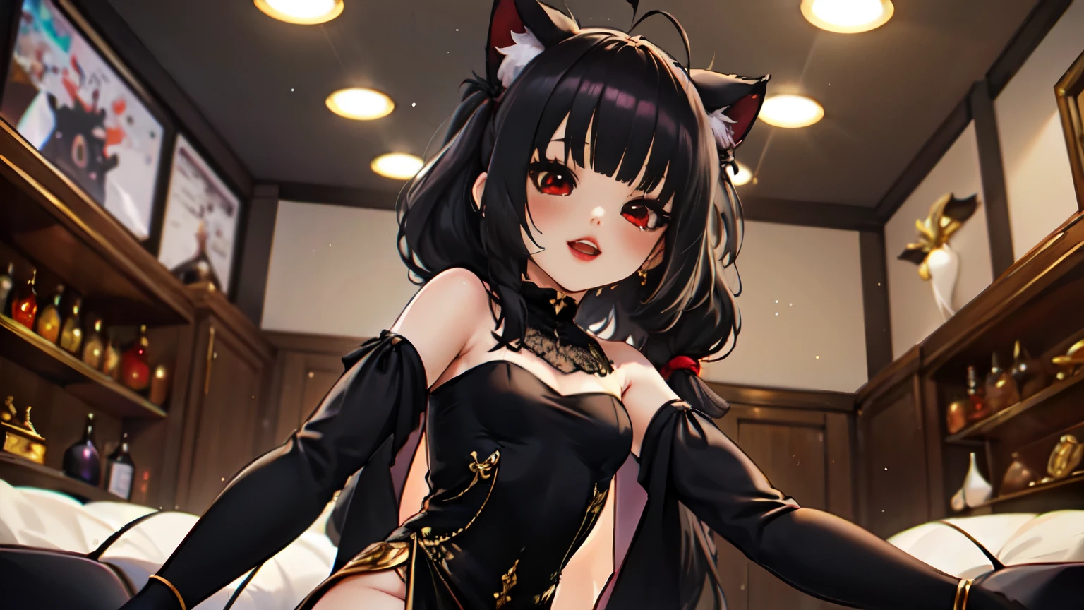 obra maestra, high resolution, hermoso arte, artista profesional, 8K, art style by sciamano240, cara muy detallada, cabello muy detallado, 1 chica, cuerpo perfectamente dibujado, hermoso rostro, pelo largo, ,((long hair slightly wavy slightly past the shoulders, black bangs, small black pigtails on the sides, cute cat ears, beautiful thin red eyes,)), , ojos de gato verticales rojos muy detallados, labios sensuales , mejillas rosadas, detalles intrincados en los ojos, primer plano extremo de la cara, ver solo cabeza y cuello, mirando directamente al espectador, luciendo un elegante vestido de novia, Jeweler's, orejas de gato bajo velo, guantes de codo blancos, algunas pecas, anillo de bodas, gran sonrisa, happy expression, escenario de boda nocturna, pov dancing for joy with viewer in reception hall,
