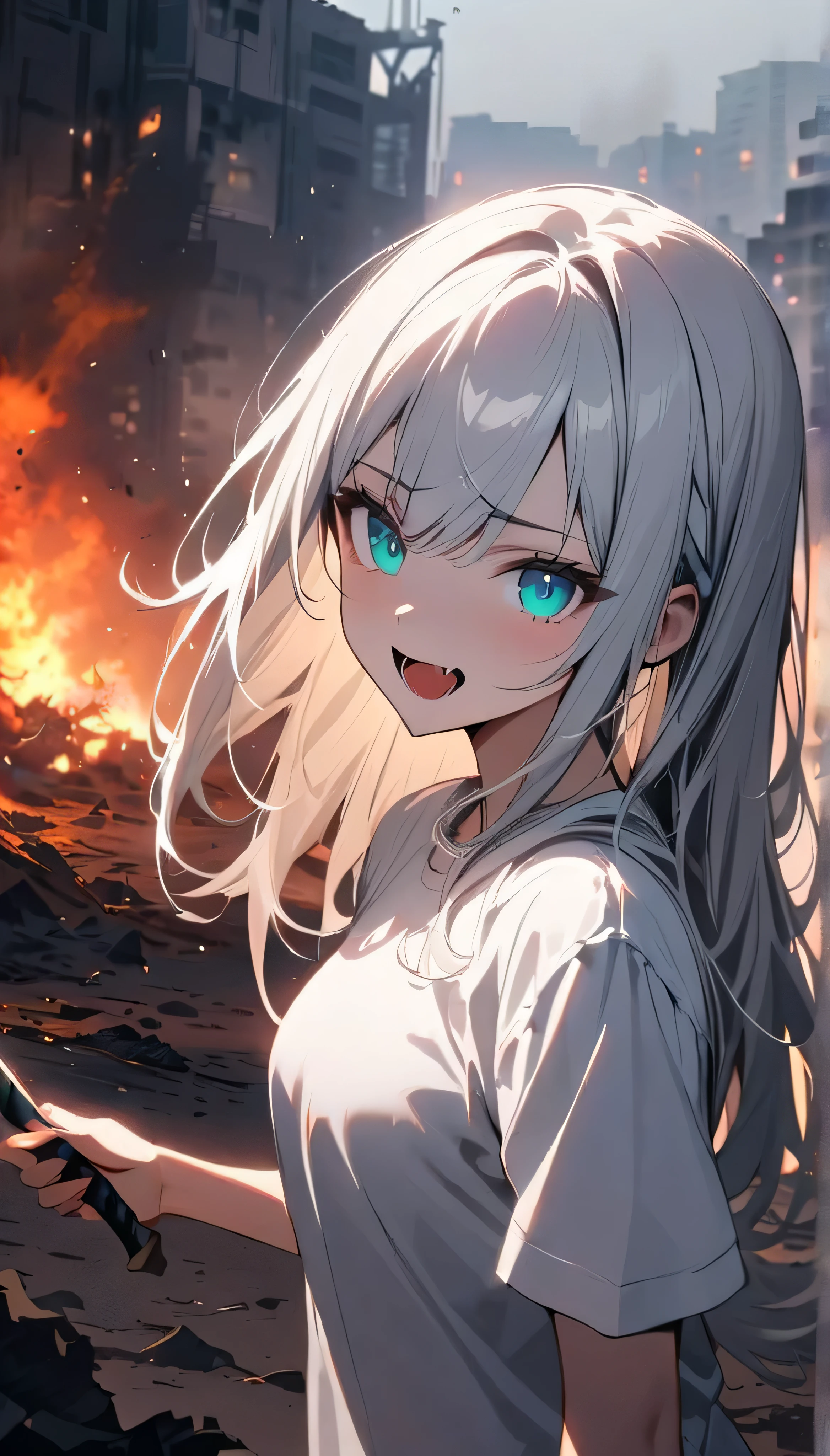 Resolution full, best quality, masterpiece, full HD, foggy theme, super detailed, beautiful girl. 1girl. White hair, long hair. Bangs.  detailed beautiful aqua eyes. White hair ornament. White T - shirt. Open mouth. fangs. in wasteland, in burning city, holding glowing sword, shadows surroundings girl, has a lighting power