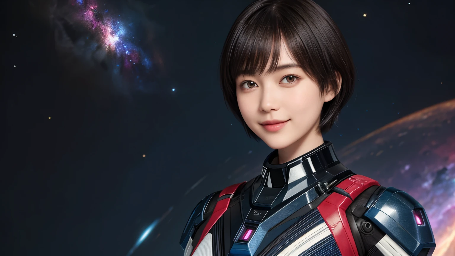 208 Short Hair, 20 year old female, Floral, gentle smile, futuristic clothes, mechanical suit, (The background is a galaxy and nebula)