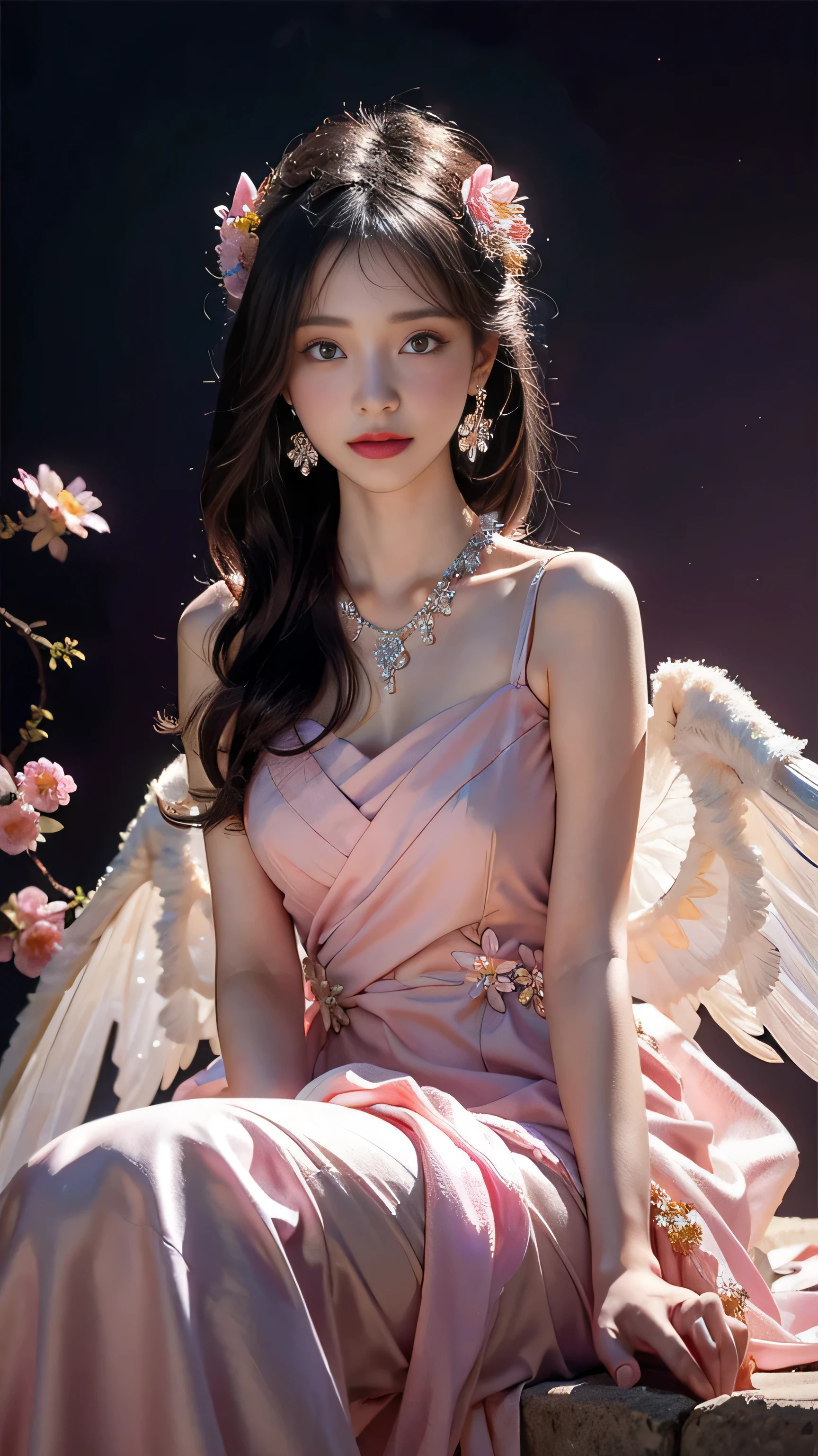 4k ultra hd, masterpiece, a girl, good face, detailed eyes, detailed lips, flower fairy girl, big wings, transparent wings, neon lights, galaxy background,flower dress, magenta dress, in the heaven, sitting on the unicon, beautiful and clear eyes, delicate necklace, delicate earrings (Hair decorated with delicate flower arrangements, crystal jewelry string), (looking at viewer)