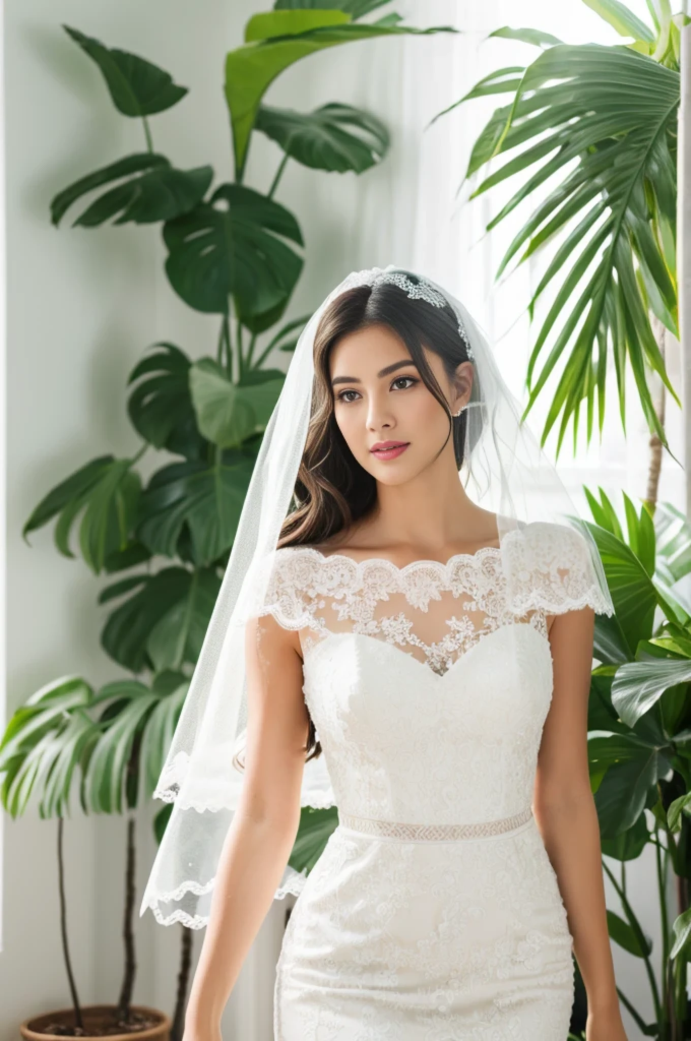 top quality, Masterpiece, hyper HD, (Photorealistic: 1.4), RAW photo, 1girl，a woman in a white lace wedding dress, long mesh veil, pose in white room with indoor decorative palm tree, Stand upright and look straight.