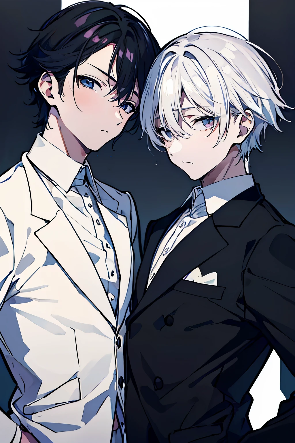 (muste piece), (best quality), very detailed, ((Two friendly men)), perfect face, beautiful face, very detailed顔，(black haired man:1.3)，(white haired man:1.3)，suit，shirt