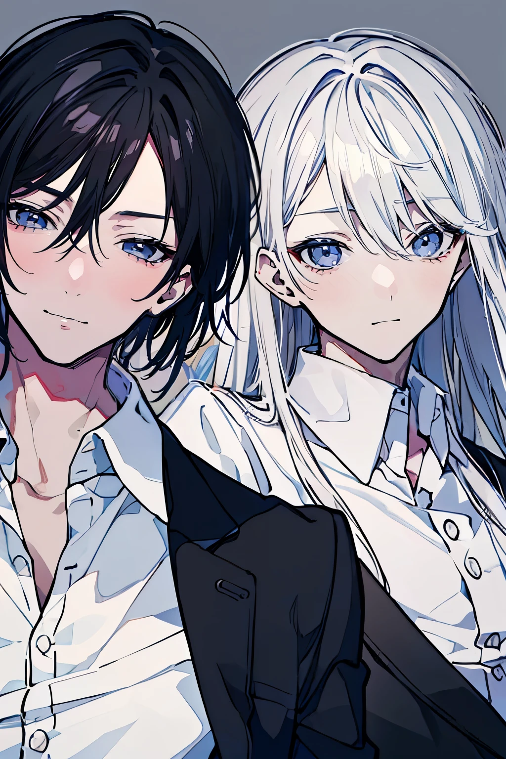 (muste piece), (best quality), very detailed, ((Two friendly men)), perfect face, beautiful face, very detailed顔,(black haired man:1.3),(white haired man:1.3),suit,shirt