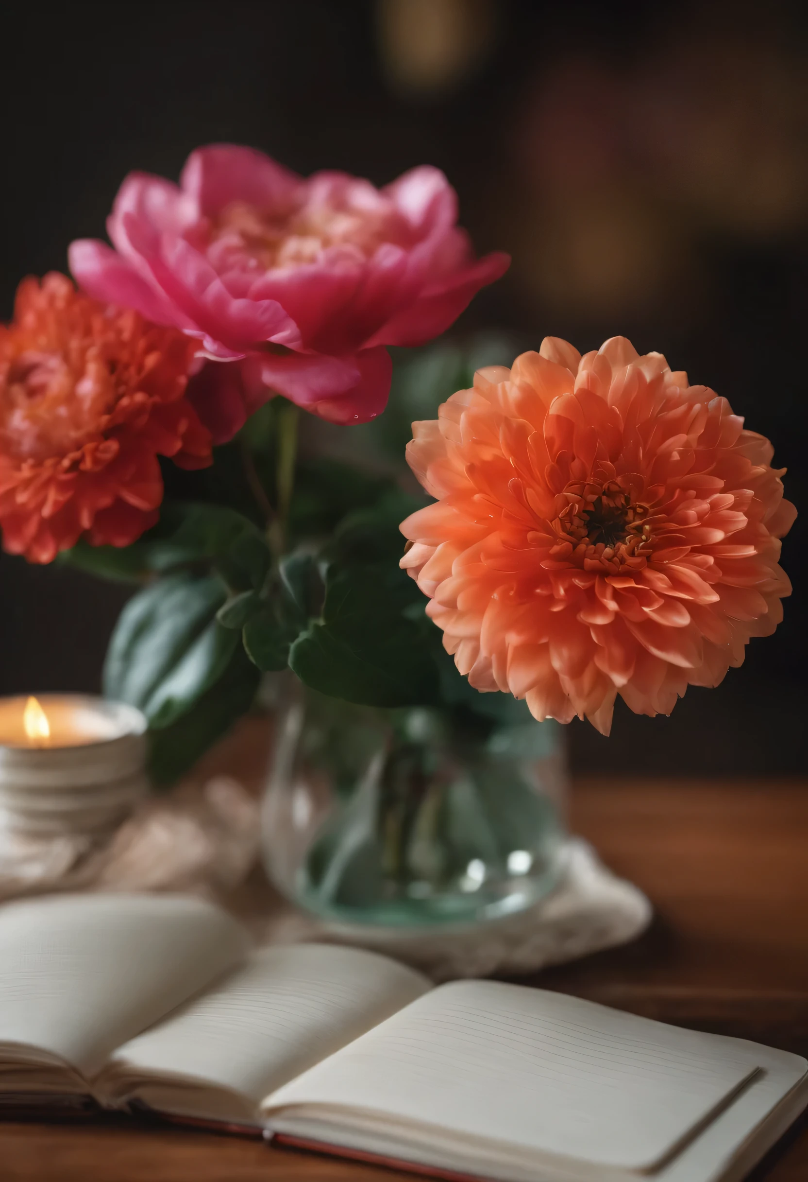 2 flowers on exquisite side table on blank notebook,This is a top-down perspective