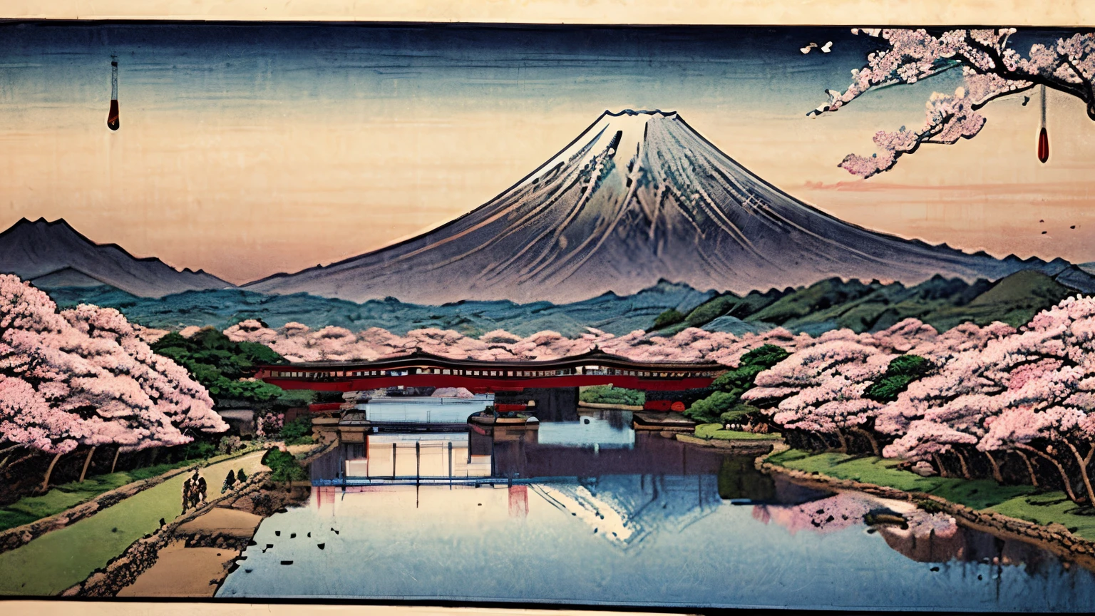 calm, Ukiyo-e style landscape painting with the majestic Mount Fuji in the background, In the foreground, delicate cherry blossoms and a quiet village are depicted., Capturing Hiroshige&#39;s timeless beauty "Thirty-six Views of Mount Fuji" series.