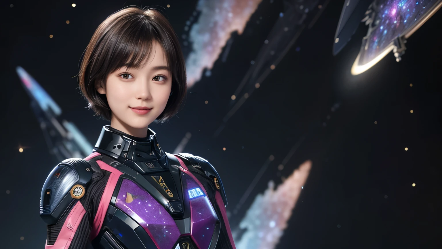 208 Short Hair, 20 year old female, Floral, gentle smile, futuristic clothes, mechanical suit, (The background is a galaxy and nebula)