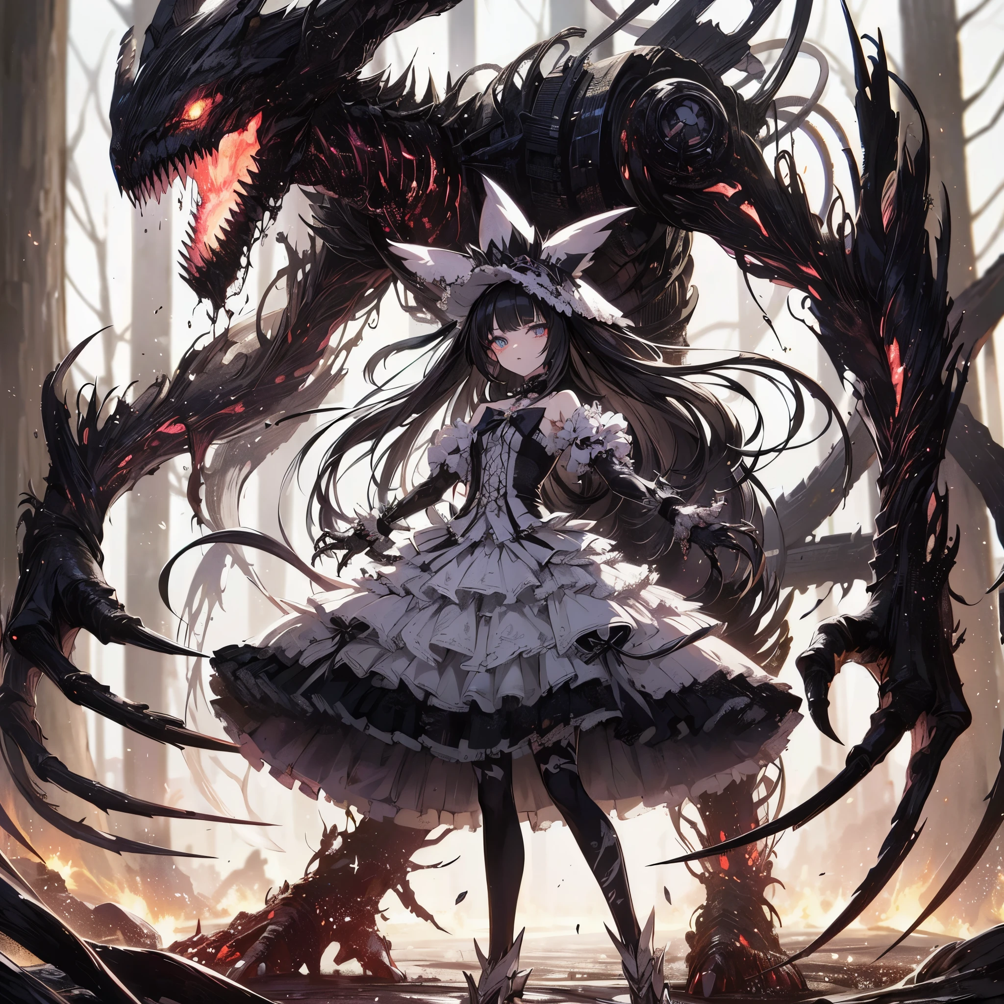 (masterpiece, Best Quality), (detailed hairs), Ultra-detailed, Anime style, Full body, Solo, Cyberpunk witch girl, in white magical girl dress, black hair, Eyes blazing with hellfire, limbs mutated and transformed into huge beast claws, shadows form the great jaws of the beast, standing in a burned forest, 8k high resolution, white background, whole body,
