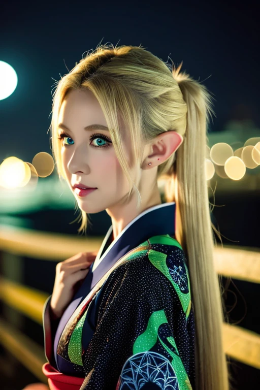 Overall view: Moonlit night sky with stars in the background. Blonde, alluring, beautiful, with large double eyelids, green eyes, elf. Kimono colors: white, black, red.