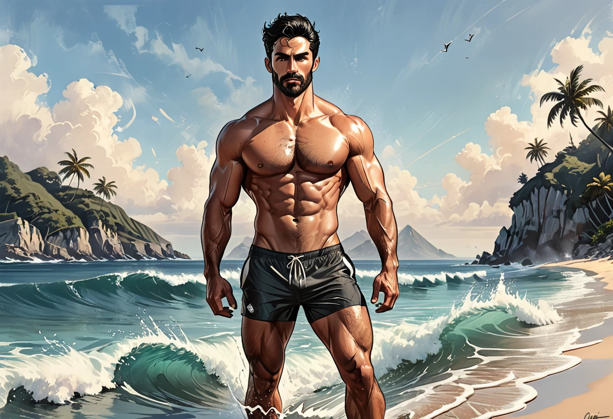 a male surfer walking with a surfboard holding it in his hands comes out of the water, behind the ocean waves are higher than his head, on a tropical island in the middle of the ocean, Man, Adult, Italian, Mesomorph fitness body, perfect realistic Olive skin, short Muscular neck, Rectangle faces, broad Muscular shoulders, Muscular fitness arms, Attached  Cupped Symmetrical Ears, Low Forehead, black short combed back hair, Fleshy nose, Bold Tapered black Eyebrows, High Angular Symmetrical Prominent Cheekbones, Heart-Shaped Cheeks, triangular Chin, Angular jawline, brown Upturned eyes, Thin nude Lips, Designer Stubble black whiskers, triangular black hair beard, Muscular fitness breast,  Athletic thighs, Muscular fitness legs, six-pack abs, graphic style of novel comics, perfect hands, 2d,
8k, hyperrealism, masterpiece, high resolution, best quality, ultra-detailed, super realistic, Hyperrealistic art, high-quality, ultra high res, highest detailed, lot of details, Extremely high-resolution details, incredibly lifelike, colourful, soft cinematic light,