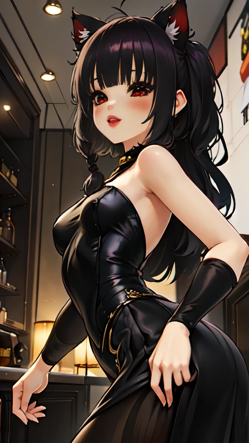 obra maestra, high resolution, hermoso arte, artista profesional, 8K, art style by sciamano240, cara muy detallada, cabello muy detallado, 1 chica, cuerpo perfectamente dibujado, hermoso rostro, pelo largo, ,((long hair slightly wavy slightly past the shoulders, black bangs, small black pigtails on the sides, cute cat ears, beautiful thin red eyes,)), , ojos de gato verticales rojos muy detallados, labios sensuales , mejillas rosadas, detalles intrincados en los ojos, primer plano extremo de la cara, ver solo cabeza y cuello, mirando directamente al espectador, luciendo un elegante vestido de novia, Jeweler's, orejas de gato bajo velo, guantes de codo blancos, algunas pecas, anillo de bodas, gran sonrisa, happy expression, escenario de boda nocturna, pov dancing for joy with viewer in reception hall,