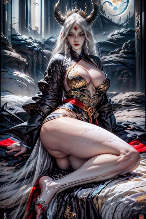 busty half dragon woman with gold dragon horns , gold scales, gold hair, blue dragon eyes, princess, silver tiara, platinum gown