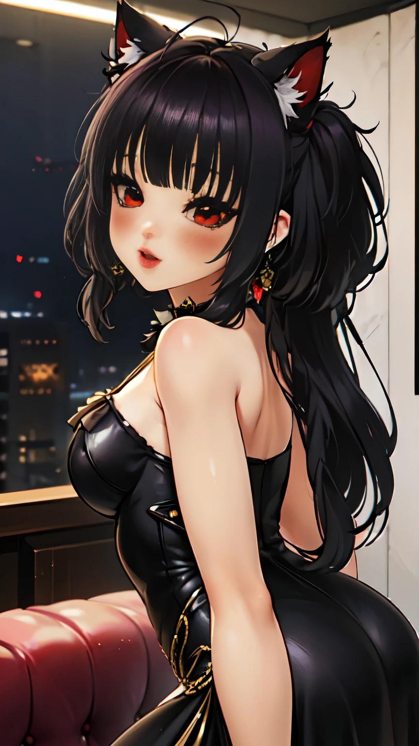 obra maestra, high resolution, hermoso arte, artista profesional, 8K, art style by sciamano240, cara muy detallada, cabello muy detallado, 1 chica, cuerpo perfectamente dibujado, hermoso rostro, pelo largo, ,((long hair slightly wavy slightly past the shoulders, black bangs, small black pigtails on the sides, cute cat ears, beautiful thin red eyes,)), , ojos de gato verticales rojos muy detallados, labios sensuales , mejillas rosadas, detalles intrincados en los ojos, primer plano extremo de la cara, ver solo cabeza y cuello, mirando directamente al espectador, luciendo un elegante vestido de novia, Jeweler&#39;s, orejas de gato bajo velo, guantes de codo blancos, algunas pecas, anillo de bodas, gran sonrisa, happy expression, escenario de boda nocturna, pov dancing for joy with viewer in reception hall,