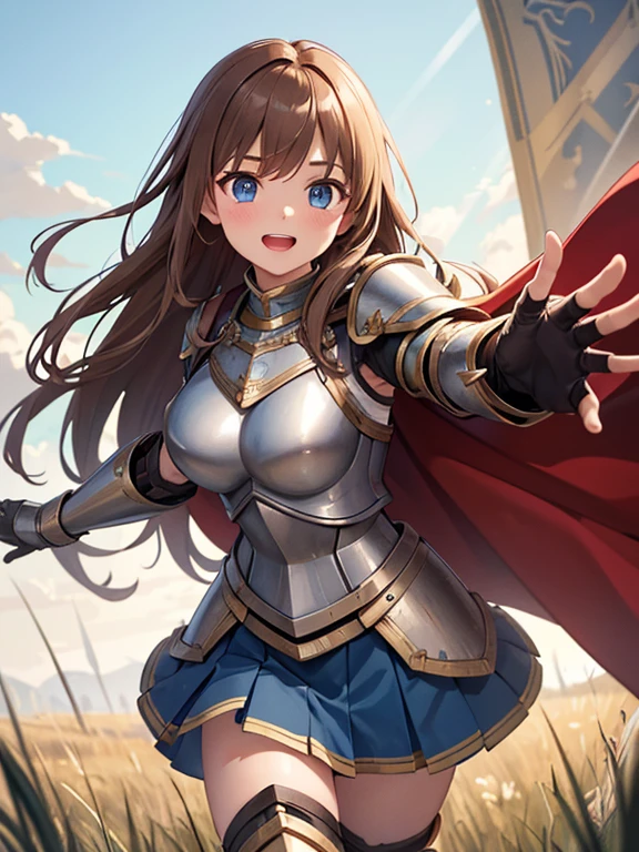 masterpiece, best quality, high resolution, (valkyrie armor knight pleated skirt), red cloak, gauntlets, bangs, long hair, light brown hair, blue eyes, drooping eyes, big eyes, high school student, reaching out, laugh, grassland, lens flare, cowboy shot, hair ornaments