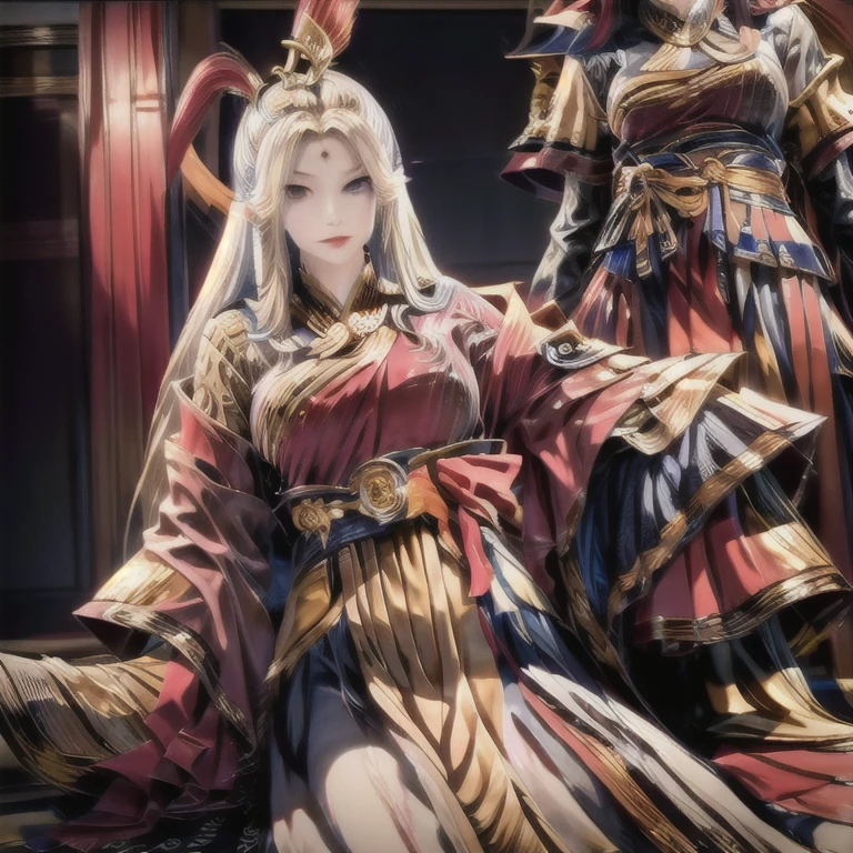 kaguya otsutsuki sitting down , gold hair, golden horns, blue eyes (tenseigan), gold third eye, gold gown