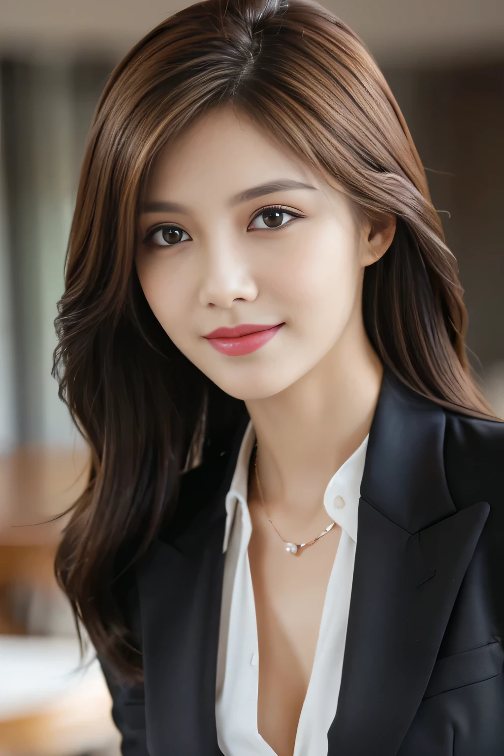table top, Highest quality, realistic, Superb details, exquisite, high resolution, 8K wallpaper, 1 beautiful woman,, light brown messy hair, Wear a business suit, Sharp focus, Perfect dynamic composition, Detailed and beautiful eyes, Beautiful hair, Detailed and realistic skin texture, smile, Close-up photo, Model's shape