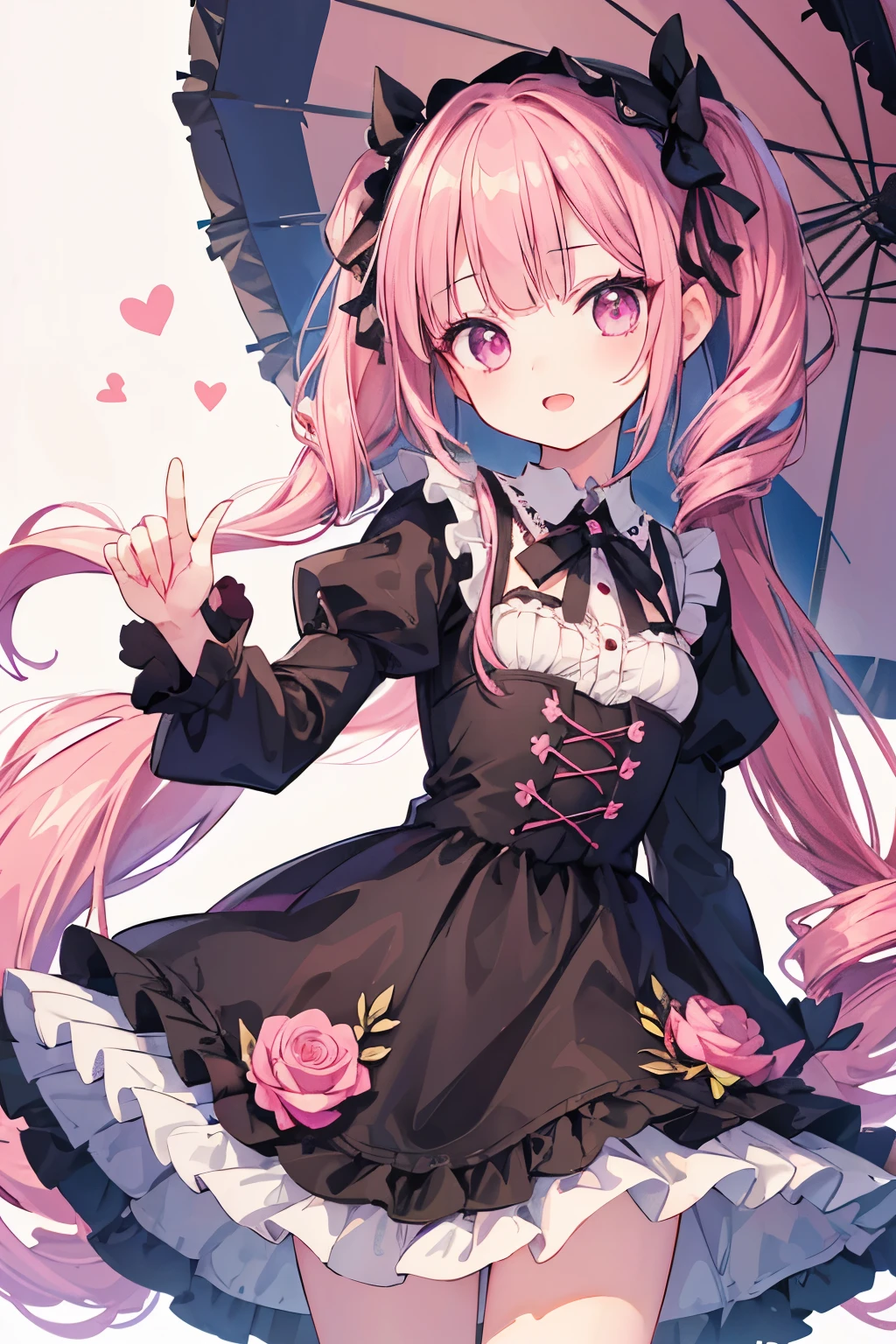 (8K, best quality, master piece: 1.2),super high resolution,ultra-detailed face,detailed eyes,absurdres, absolutely resolution, incredibly absurdres, highres, ultra detailed, official art,BREAK,1 woman, soro,holding black parasol,long hair, pink hair,(drill hair),gothic ta, dress,blunt bangs,too many frills, ribbon,happy,open mouth,long eyelashes,cowboy shot,Harajuku street