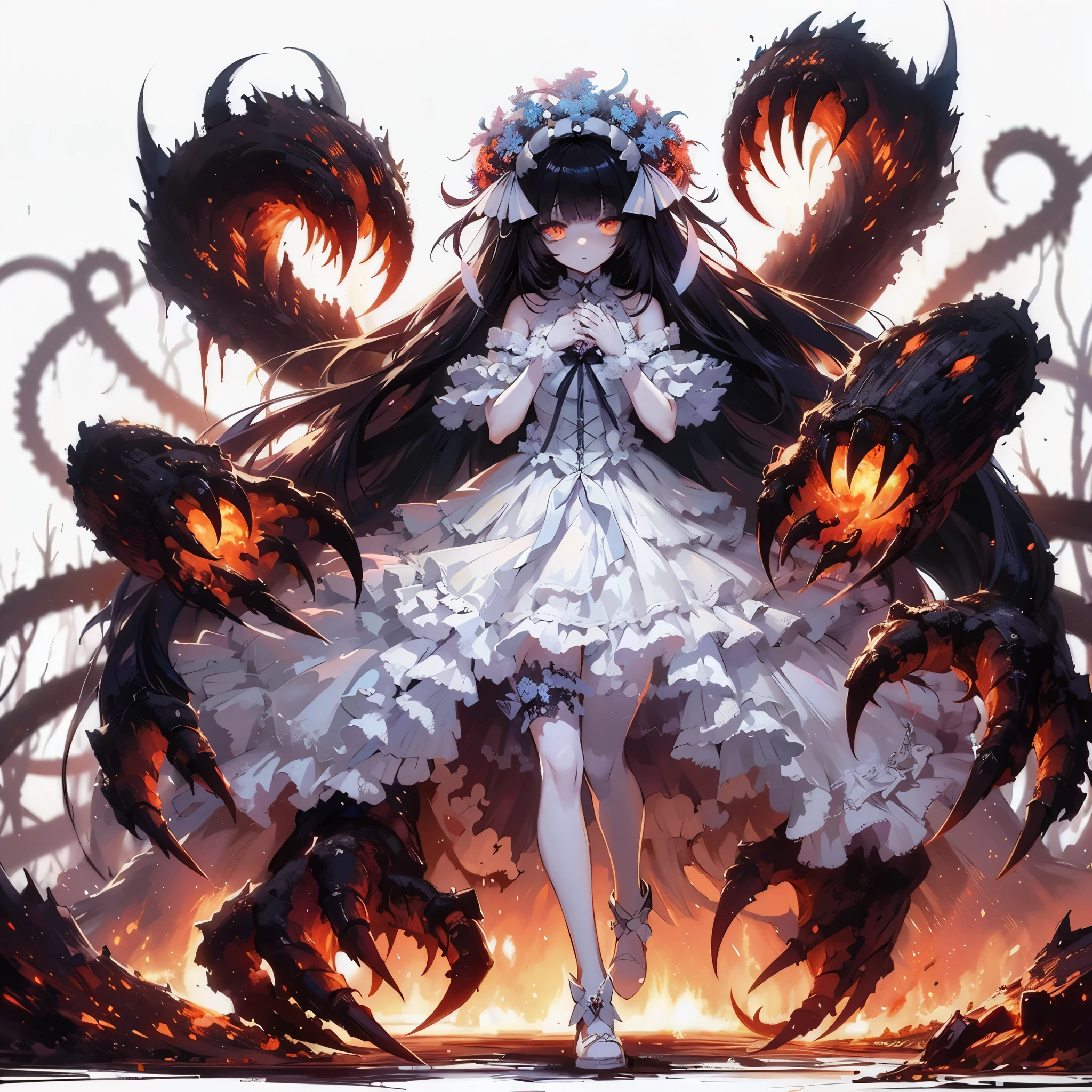 (masterpiece, Best Quality), (detailed hairs), Ultra-detailed, Anime style, Full body, Solo, Cyberpunk witch girl, in white magical girl dress, black hair, Eyes blazing with hellfire, limbs mutated and transformed into huge beast claws, shadows form the great jaws of the beast, standing in a burned forest, 8k high resolution, white background, whole body,
