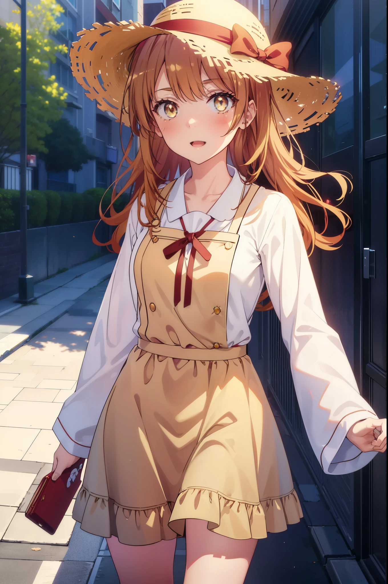 irohaisshiki, Isshiki Iroha, long hair, light brown hair, (Brown ruby eyes:1.5), White long skirt integrated dress,No sleeve,Cute Sandals,straw hat,happy smile, smile, open your mouth,daytime,clear sky,Looking down from top to bottom,whole bodyがイラストに入るように,
break outdoors ,building street,city,
break looking at viewer,whole body,(cowboy shot:1. 1)
break (masterpiece:1.2), highest quality, High resolution, unity 8k wallpaper, (shape:0.8), (beautiful and detailed eyes:1.6), highly detailed face, perfect lighting, Very detailed CG, (perfect hands, perfect anatomy),