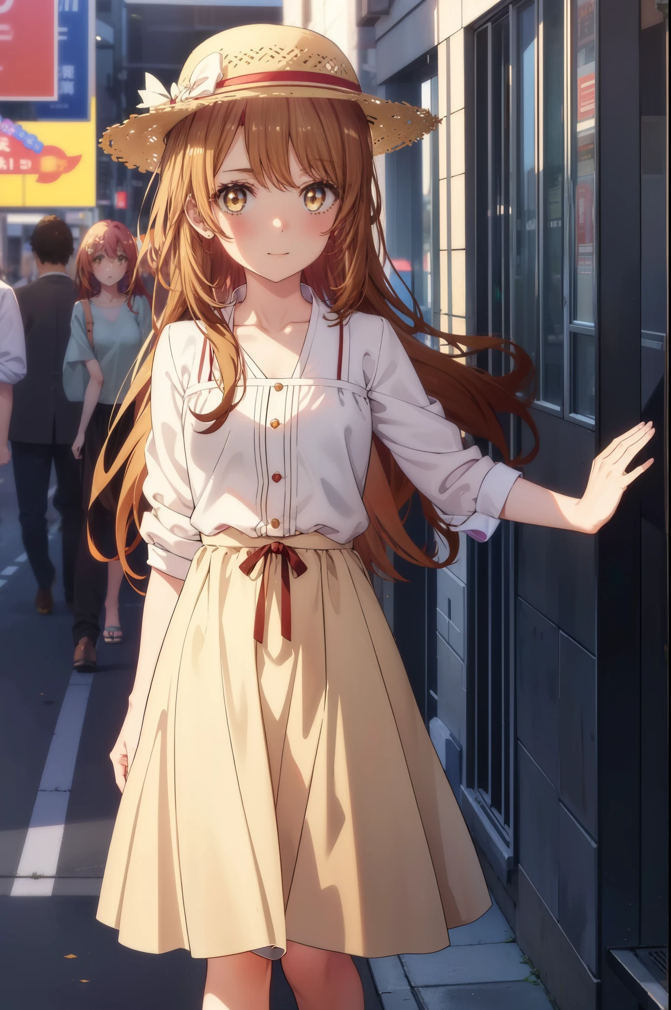 irohaisshiki, Isshiki Iroha, long hair, light brown hair, (Brown ruby eyes:1.5), White long skirt integrated dress,No sleeve,Cute Sandals,straw hat,happy smile, smile, open your mouth,daytime,clear sky,Looking down from top to bottom,whole bodyがイラストに入るように,
break outdoors ,building street,city,
break looking at viewer,whole body,(cowboy shot:1. 1)
break (masterpiece:1.2), highest quality, High resolution, unity 8k wallpaper, (shape:0.8), (beautiful and detailed eyes:1.6), highly detailed face, perfect lighting, Very detailed CG, (perfect hands, perfect anatomy),