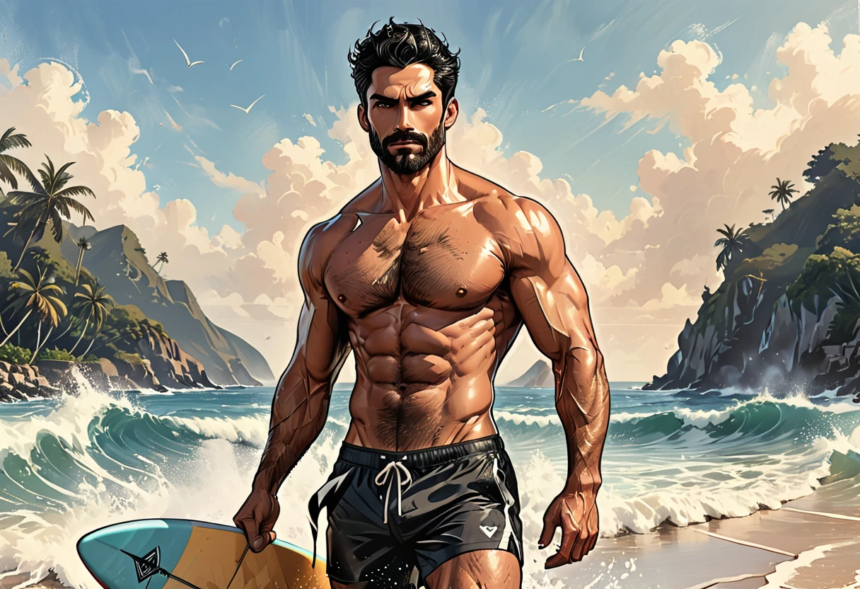 a male surfer walking with a surfboard holding it in his hands comes out of the water, behind the ocean waves are higher than his head, on a tropical island in the middle of the ocean, Man, Adult, Italian, Mesomorph fitness body, perfect realistic Olive skin, short Muscular neck, Rectangle faces, broad Muscular shoulders, Muscular fitness arms, Attached Cupped Symmetrical Ears, Low Forehead, black short combed back hair, Fleshy nose, Bold Tapered black Eyebrows, High Angular Symmetrical Prominent Cheekbones, Heart-Shaped Cheeks, triangular Chin, Angular jawline, brown Upturned eyes, Thin nude Lips, Designer Stubble black whiskers, triangular black hair beard, Muscular fitness breast, Athletic thighs, Muscular fitness legs, six-pack abs, graphic style of novel comics, perfect hands, 2d,
8k, hyperrealism, masterpiece, high resolution, best quality, ultra-detailed, super realistic, Hyperrealistic art, high-quality, ultra high res, highest detailed, lot of details, Extremely high-resolution details, incredibly lifelike, colourful, soft cinematic light,