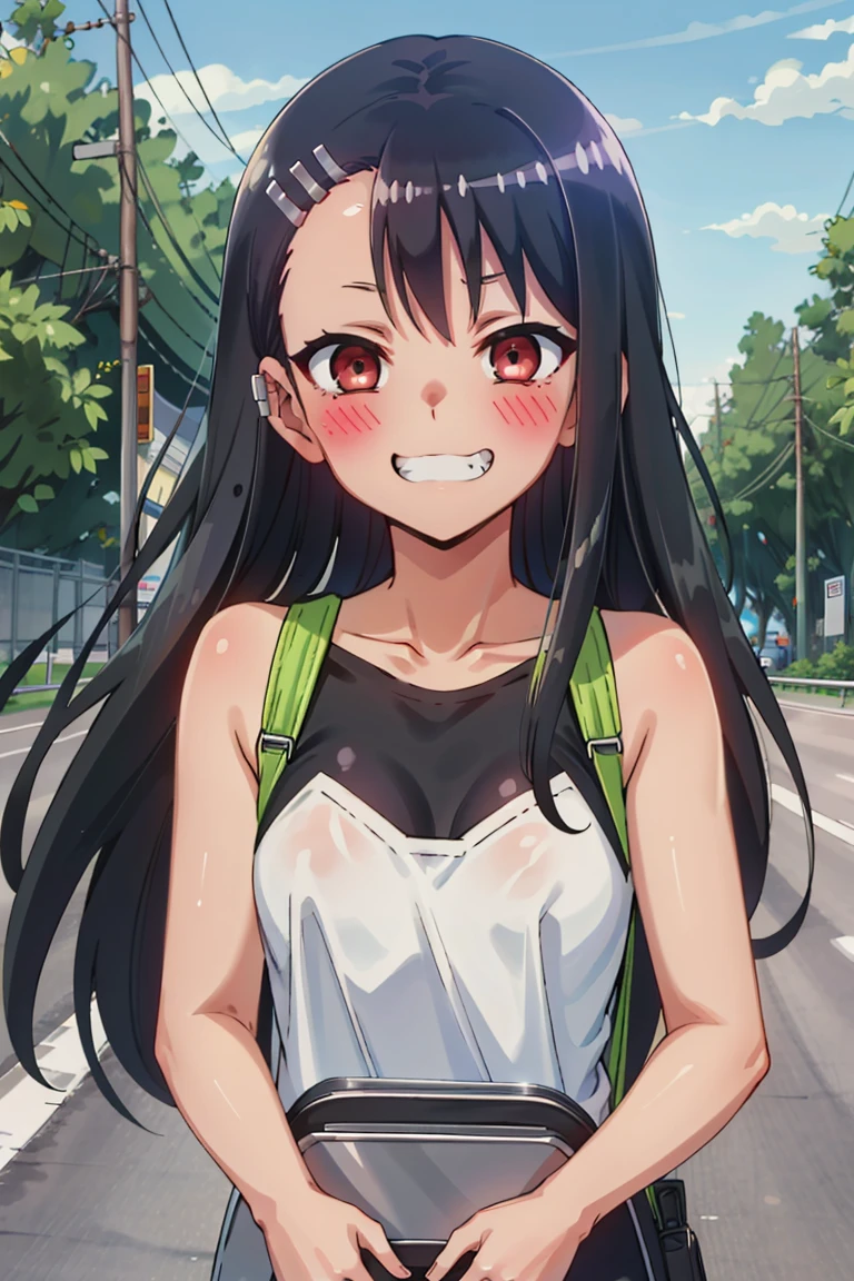 EFT_nagatoro_main, nagatoro hayase, 1 girl, blush, alone, black hair, bag, brown eyes, hair ornaments, looking at the viewer, hair clip, outdoor, grin, long hair, 浅blackい肌の女性, blackい肌, bangs, clavicle, Ear Clip, black bodysuit, (bike suit), motorcycle, highway, asymmetrical bangs, Upper body, LatexAI_black